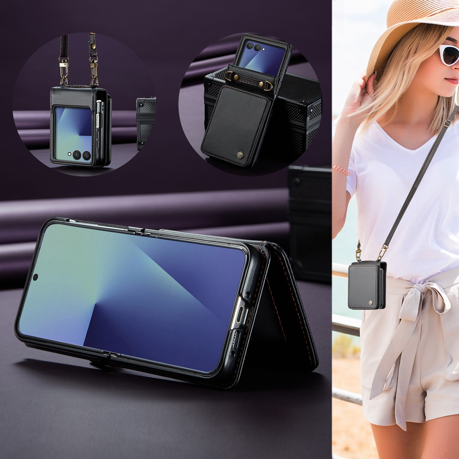 Samsung Galaxy Z Flip 7 Cover med indbygget pung og RFID-beskyttelse Sort