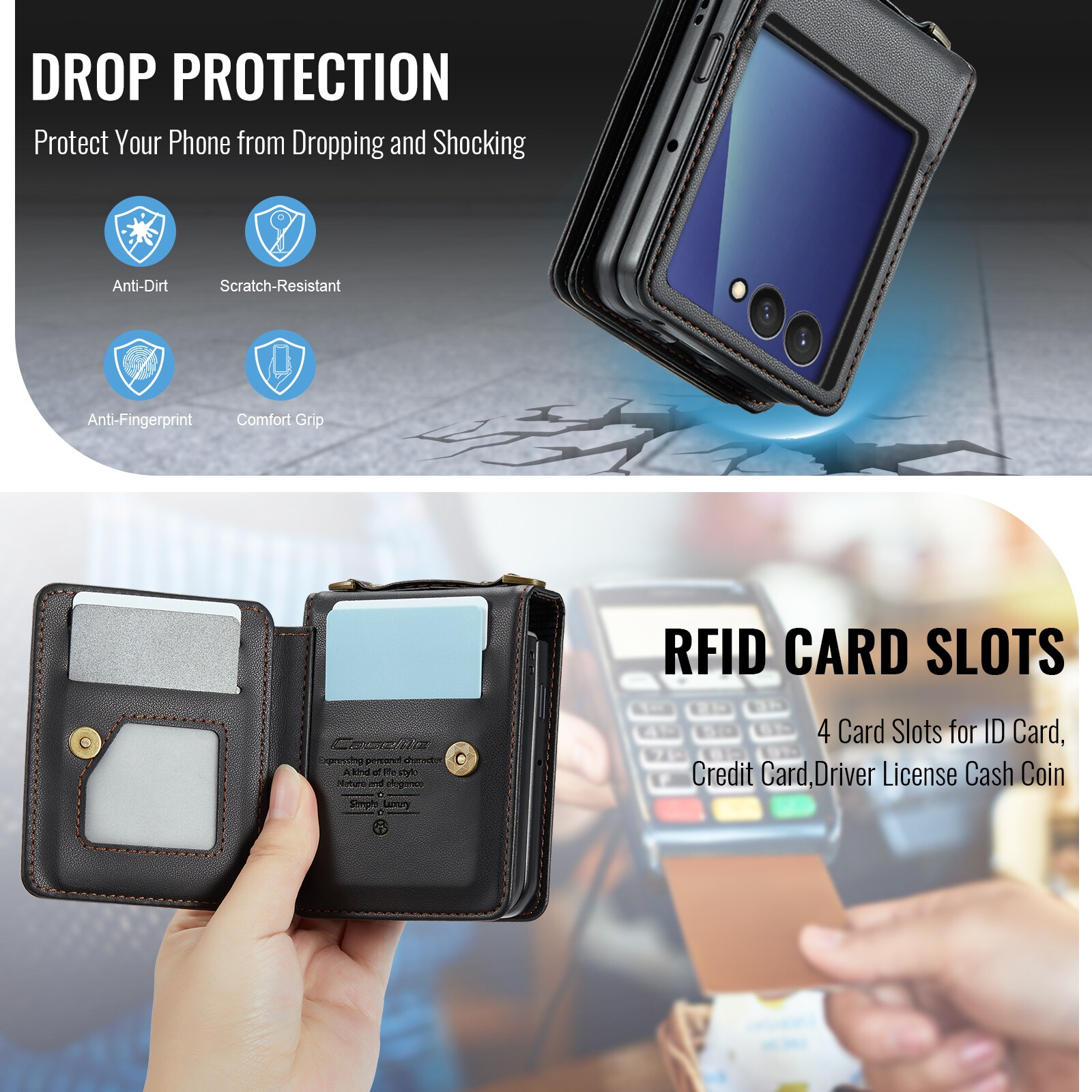 Samsung Galaxy Z Flip 7 Cover med indbygget pung og RFID-beskyttelse Sort