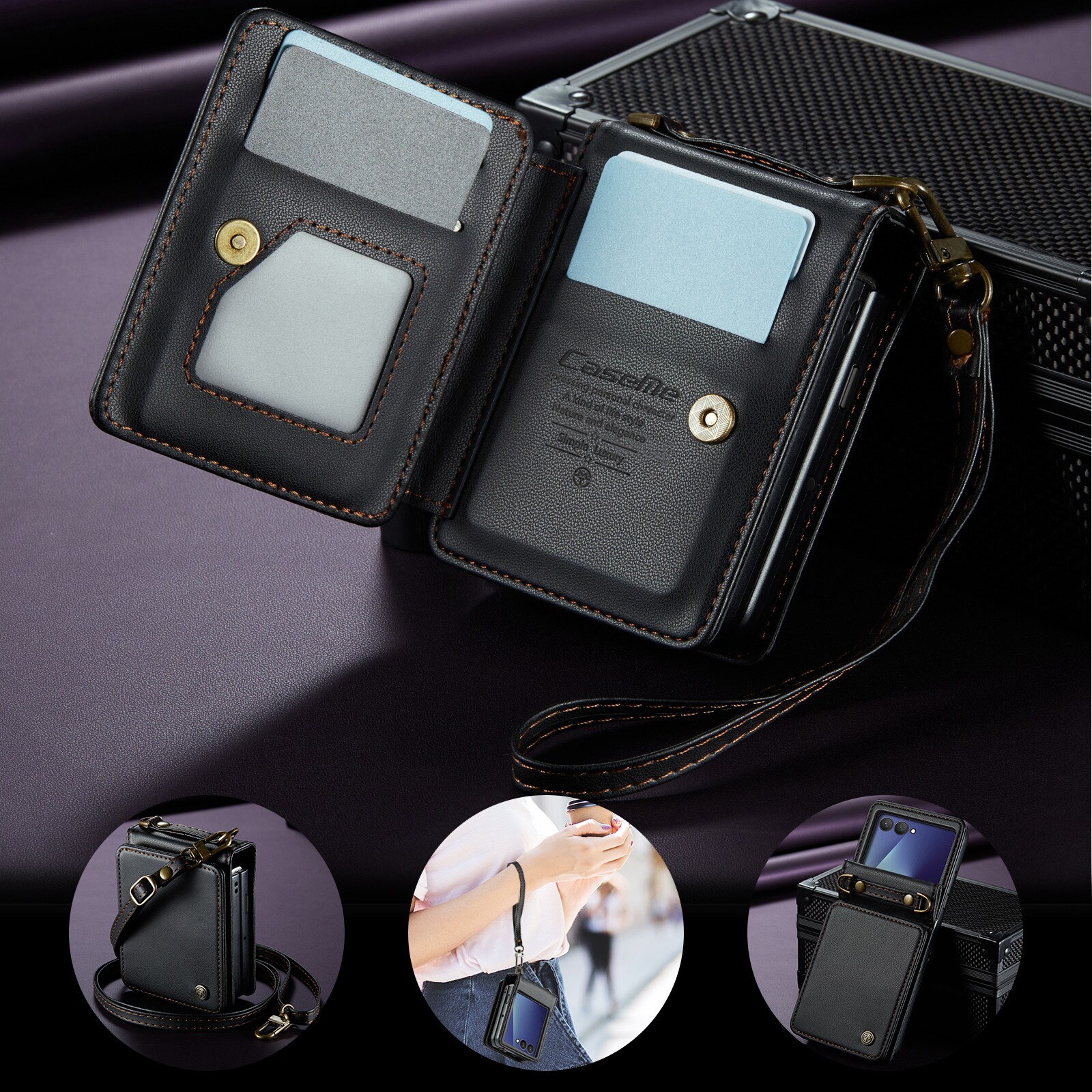 Samsung Galaxy Z Flip 7 Cover med indbygget pung og RFID-beskyttelse Sort