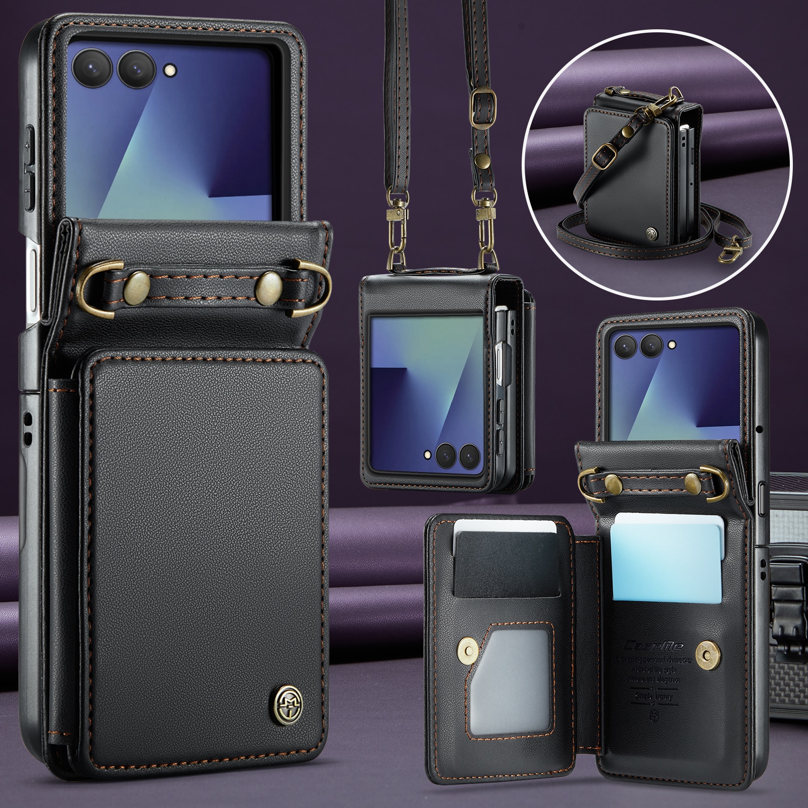 Samsung Galaxy Z Flip 7 Cover med indbygget pung og RFID-beskyttelse Sort