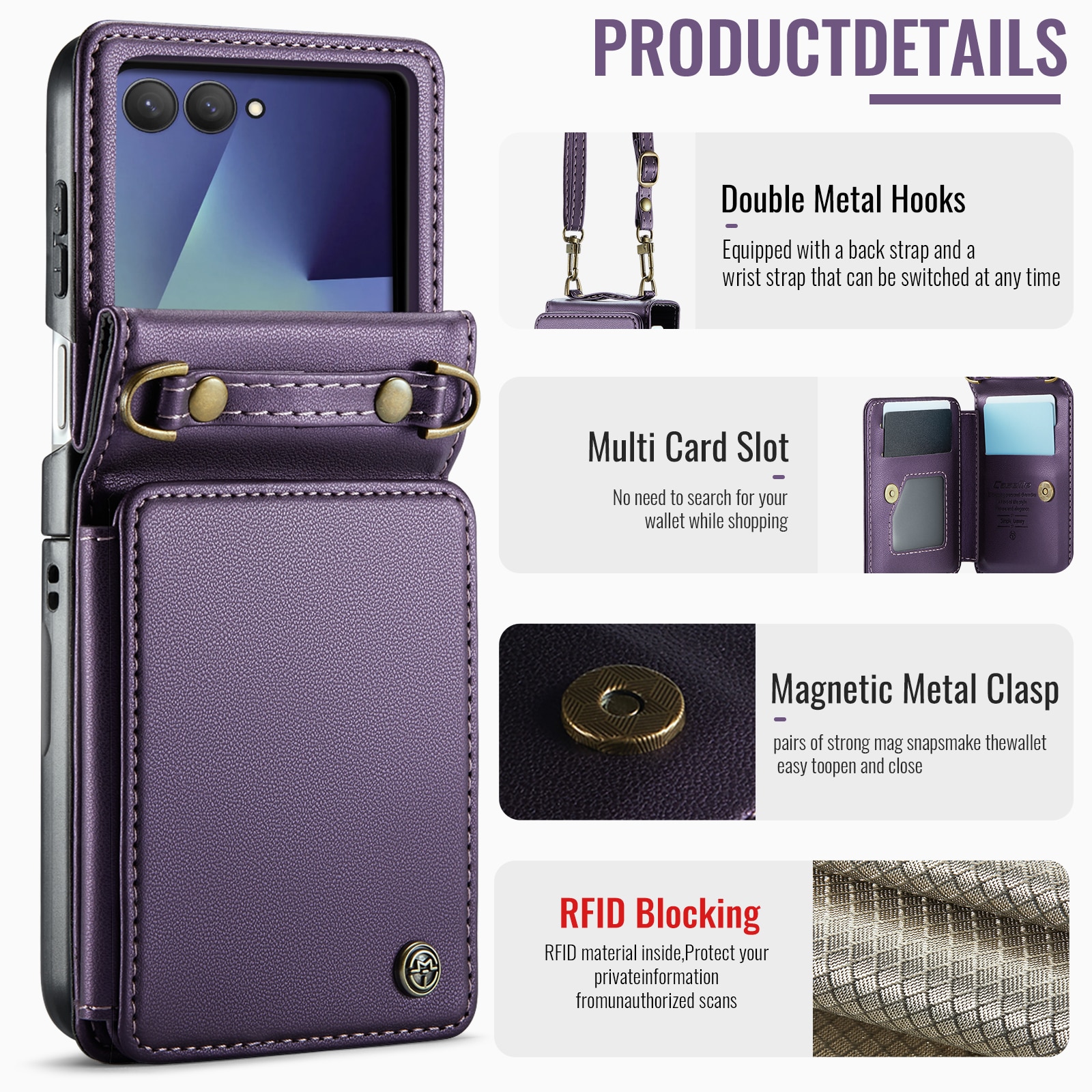 Samsung Galaxy Z Flip 7 Cover med indbygget pung og RFID-beskyttelse Lilla