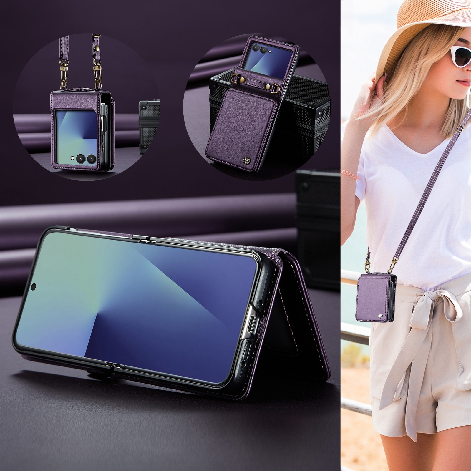 Samsung Galaxy Z Flip 7 Cover med indbygget pung og RFID-beskyttelse Lilla