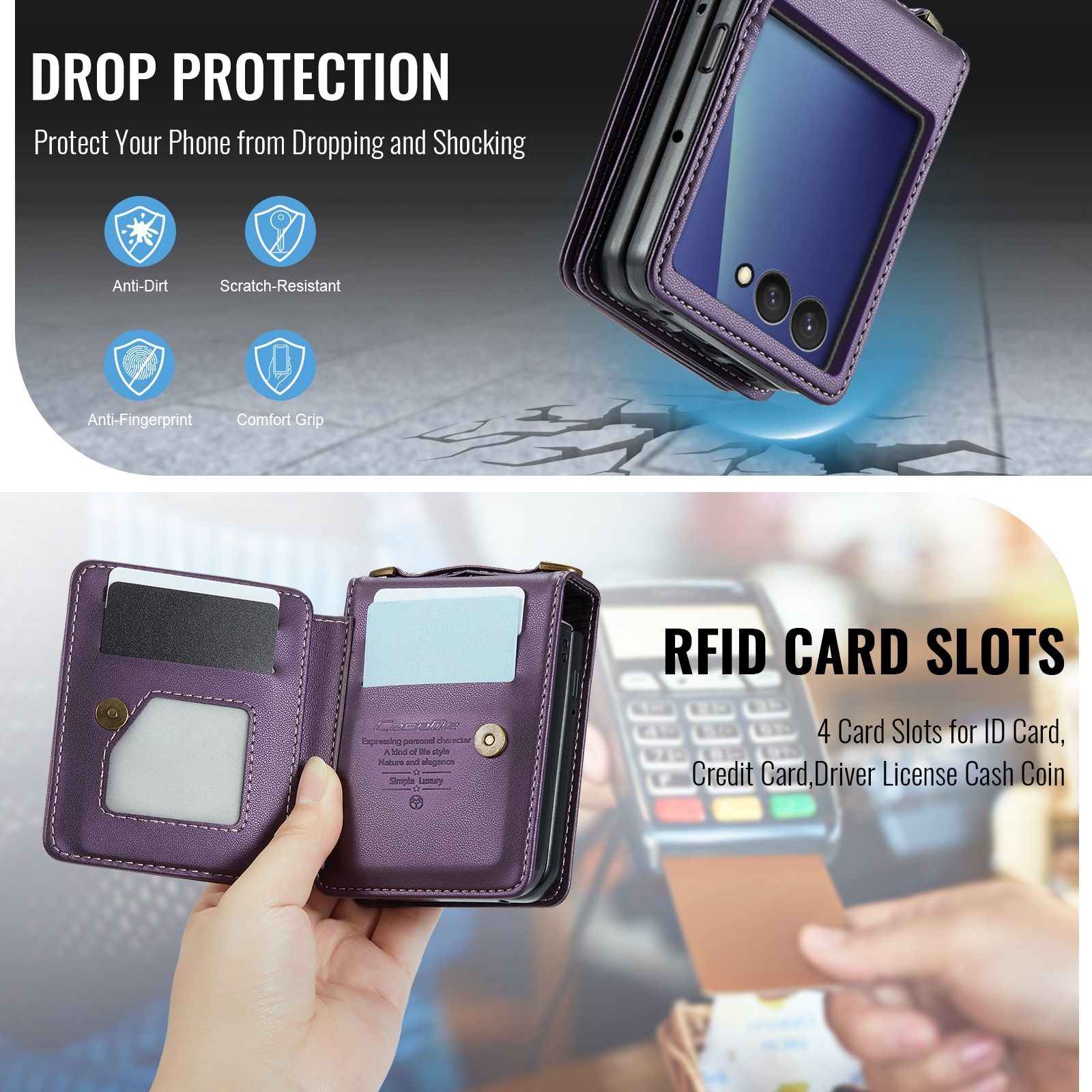 Samsung Galaxy Z Flip 7 Cover med indbygget pung og RFID-beskyttelse Lilla