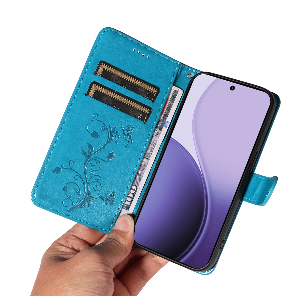Oppo Reno 14 F Mobiletui med sommerfugle, Blå