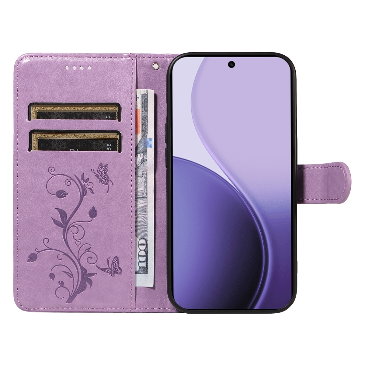 Oppo Reno 14 Mobiletui med sommerfugle, Lilla