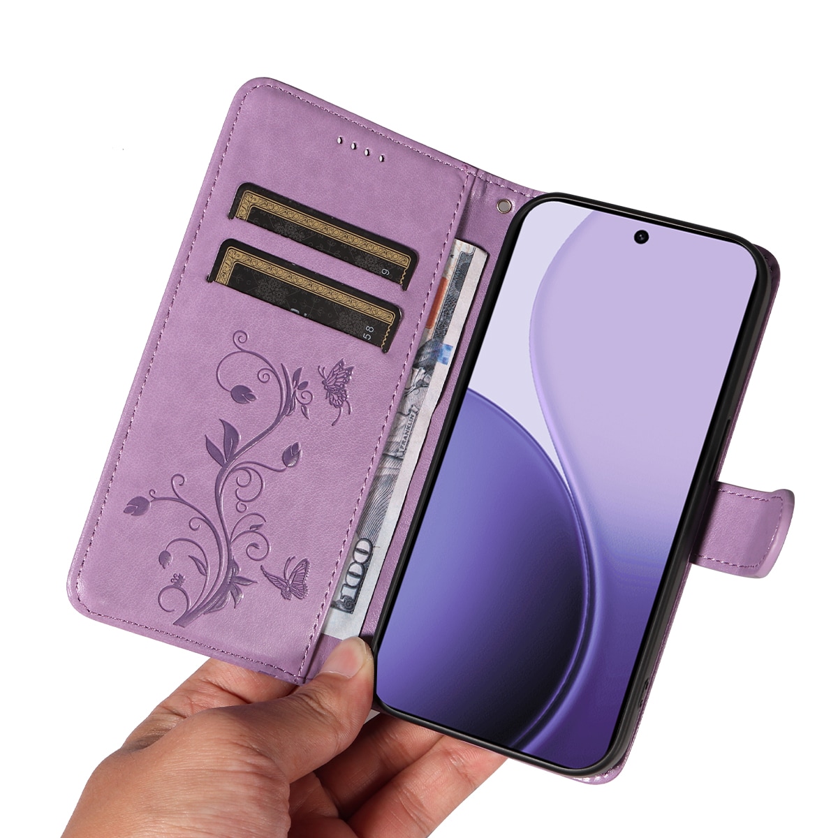 Oppo Reno 14 Mobiletui med sommerfugle, Lilla