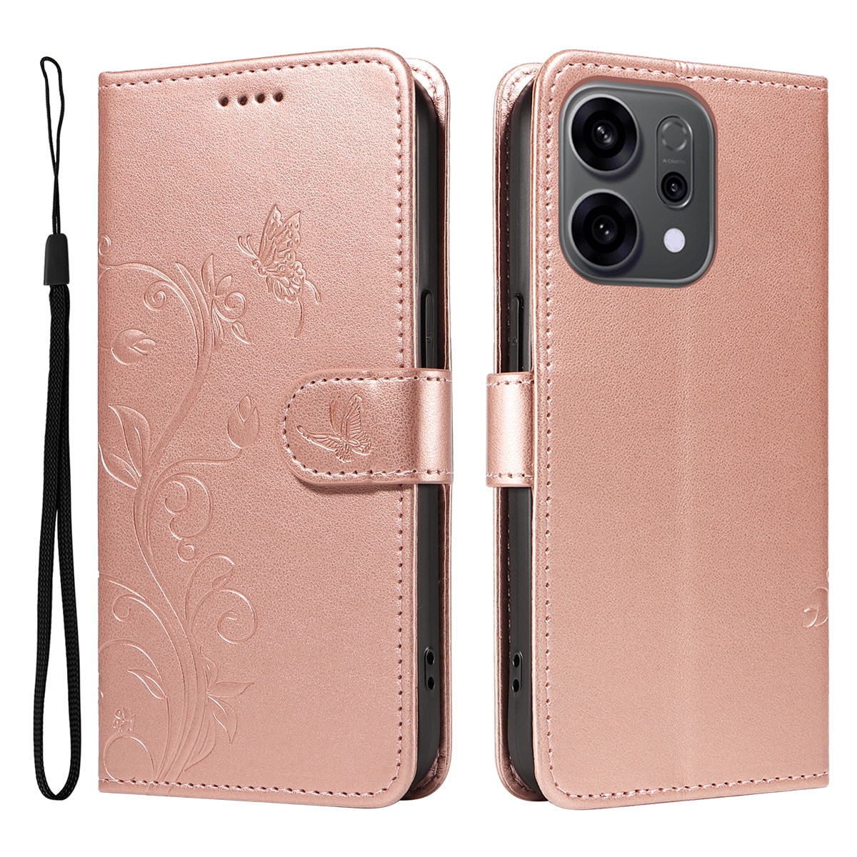 Oppo Reno 14 Mobiletui med sommerfugle, Rose guld