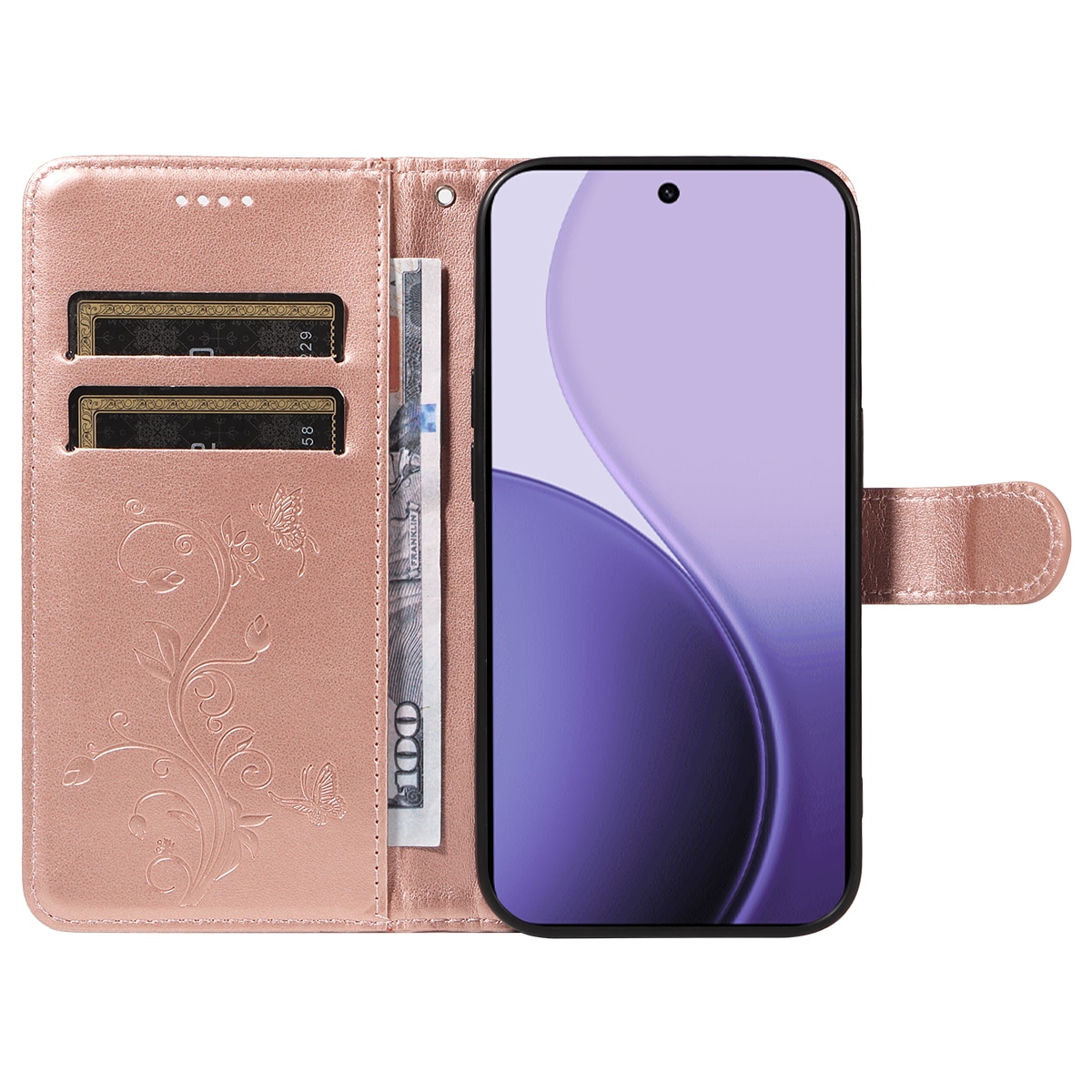 Oppo Reno 14 Mobiletui med sommerfugle, Rose guld