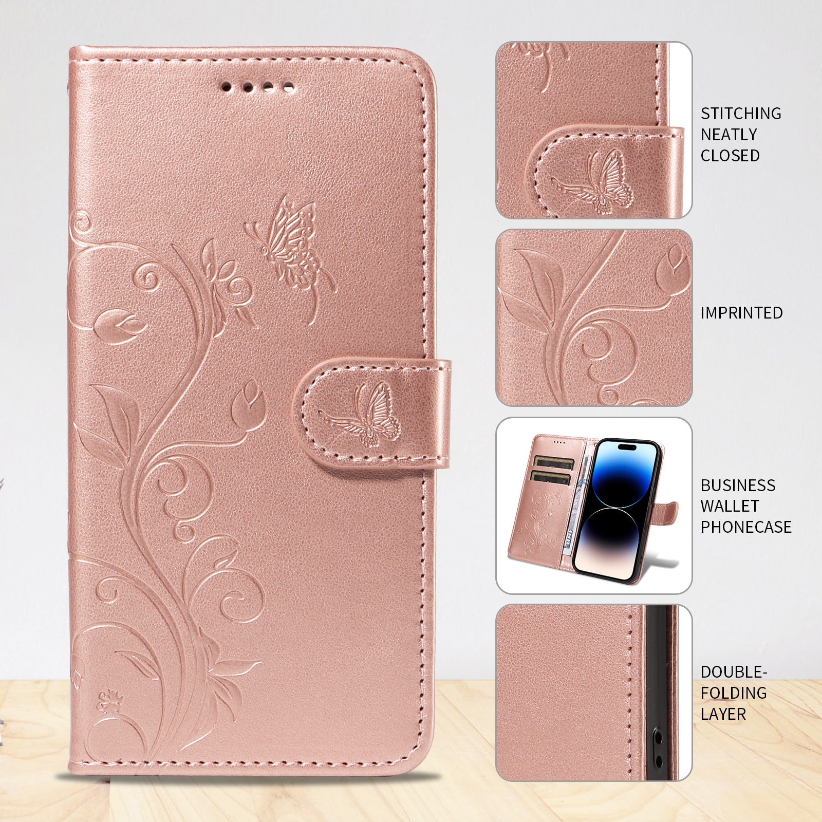 Oppo Reno 14 Mobiletui med sommerfugle, Rose guld