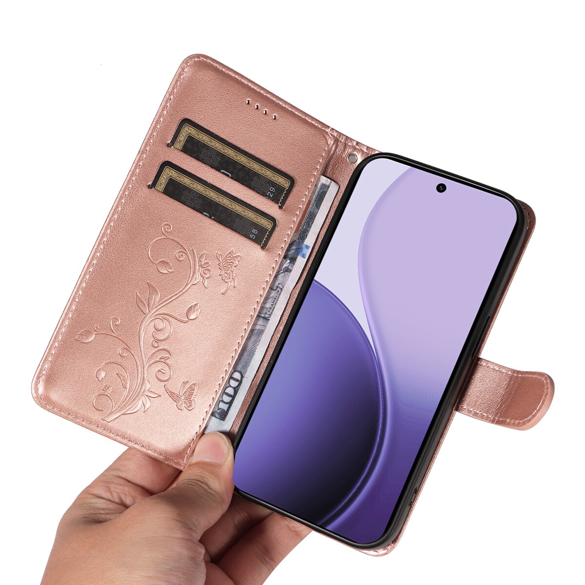 Oppo Reno 14 Mobiletui med sommerfugle, Rose guld