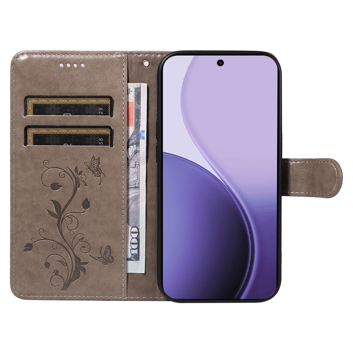 Oppo Reno 14 F Mobiletui med sommerfugle, Grå
