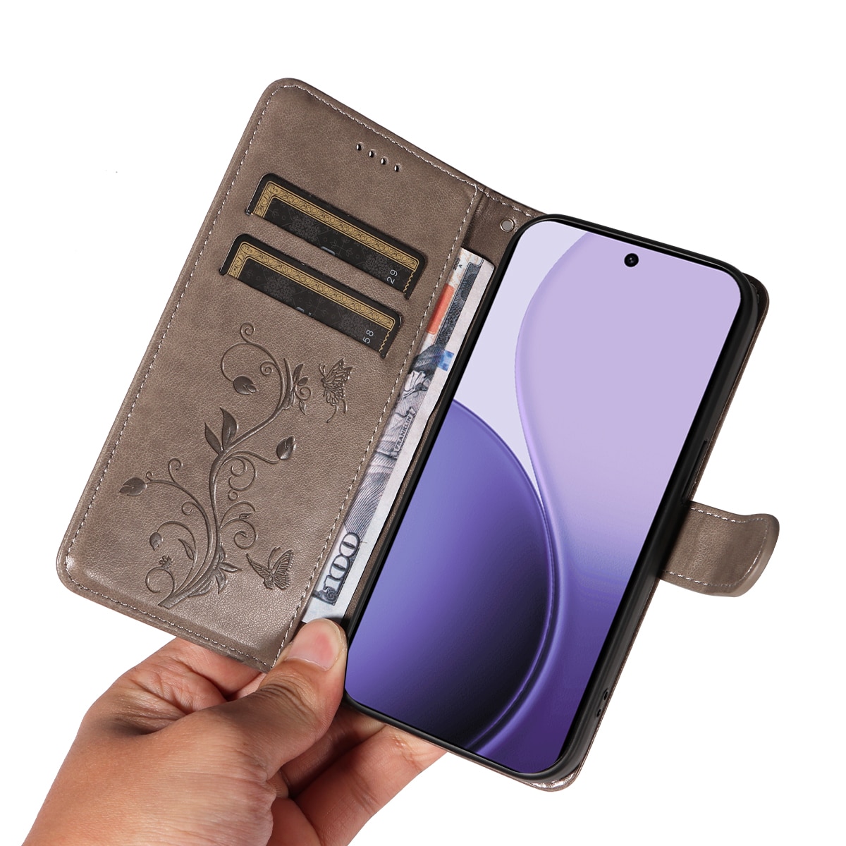 Oppo Reno 14 F Mobiletui med sommerfugle, Grå