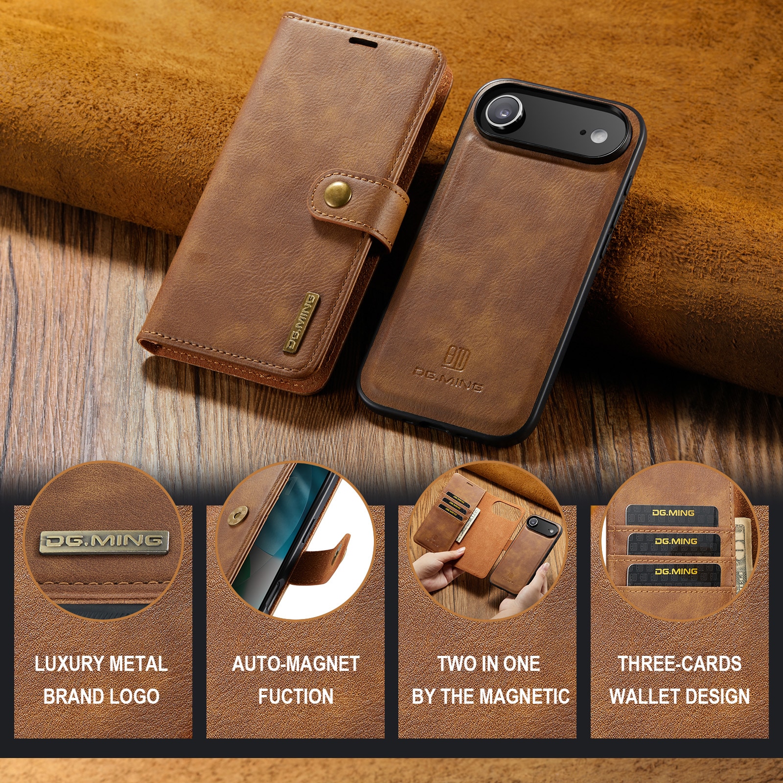 iPhone 17 Air Pungetui med aftageligt cover, Cognac