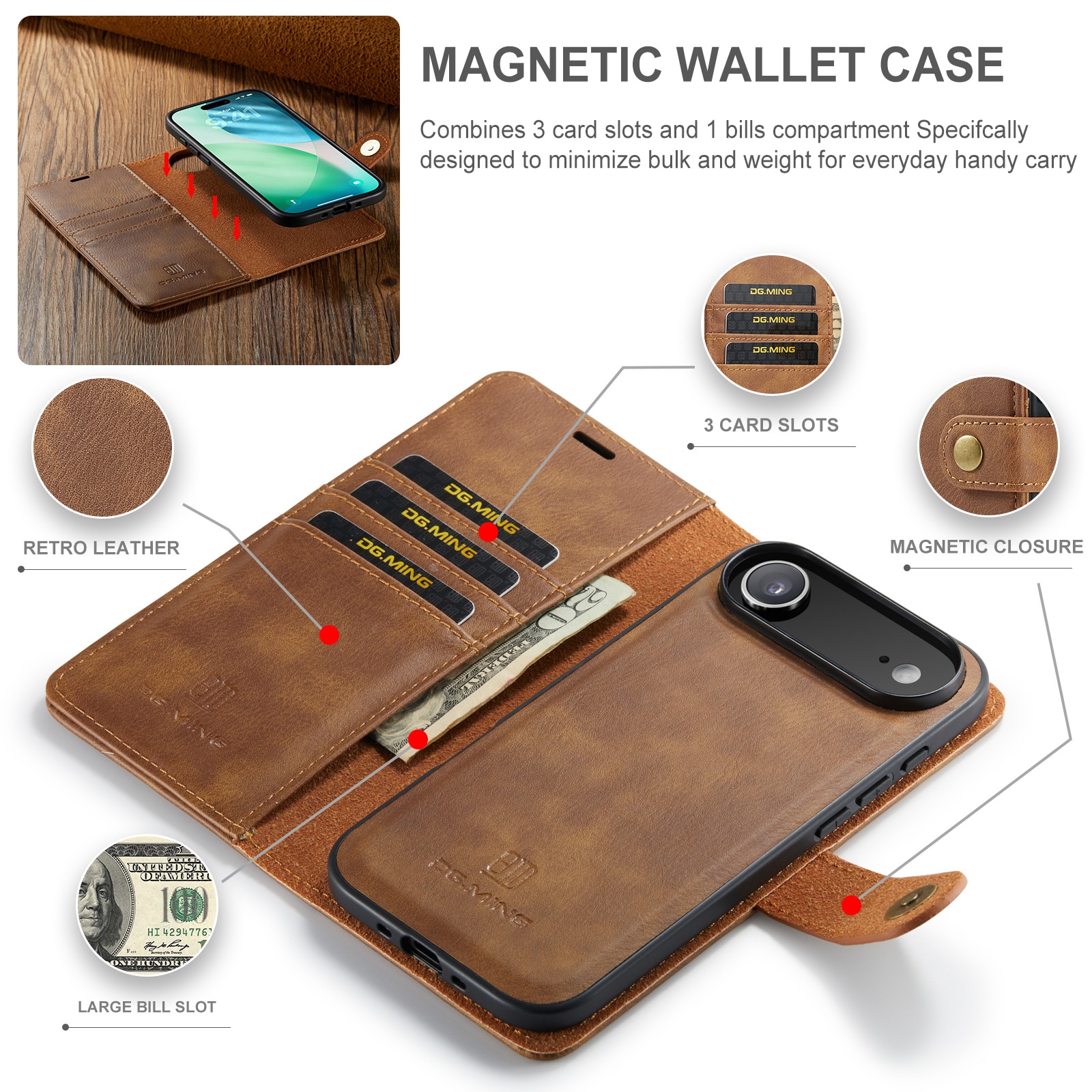 iPhone 17 Air Pungetui med aftageligt cover, Cognac