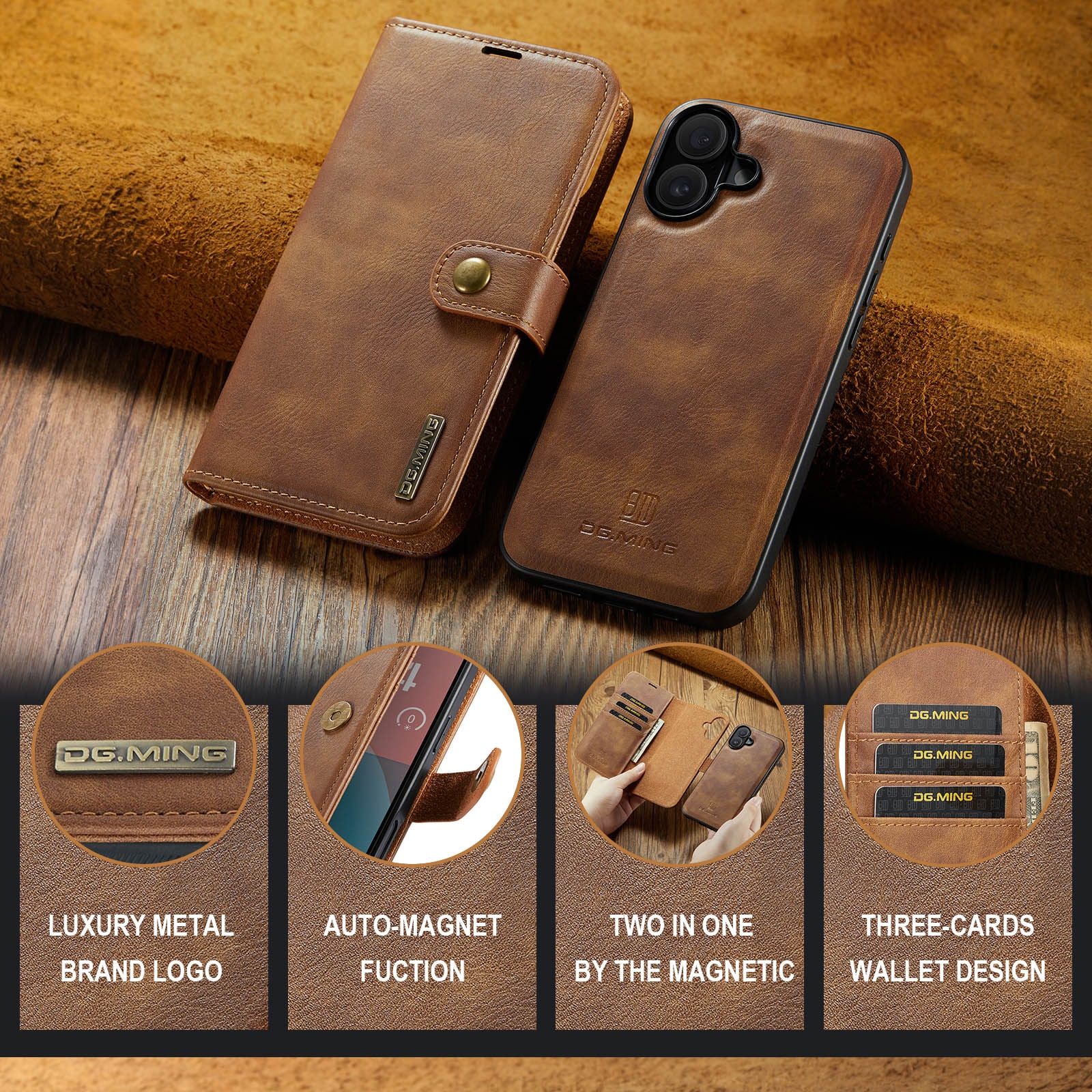 iPhone 17 Pungetui med aftageligt cover, Cognac
