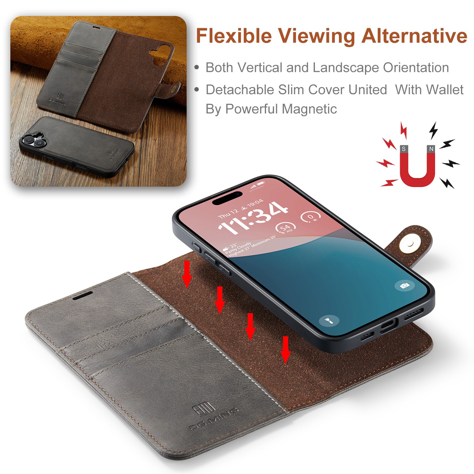 iPhone 17 Pungetui med aftageligt cover, Brown