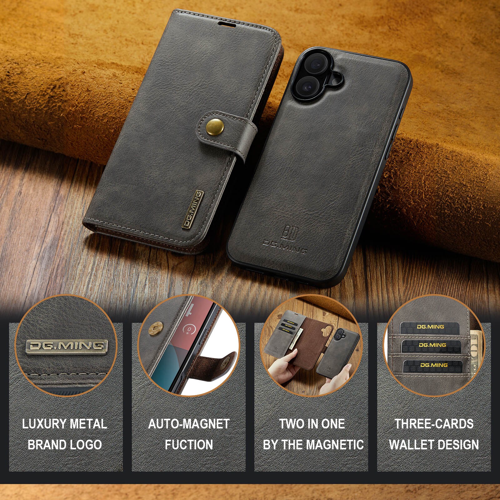 iPhone 17 Pungetui med aftageligt cover, Brown