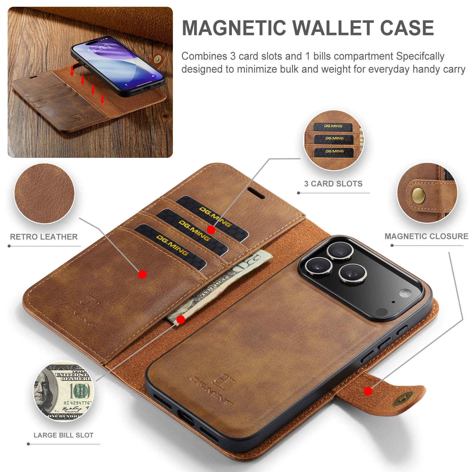 iPhone 17 Pro Pungetui med aftageligt cover, Cognac