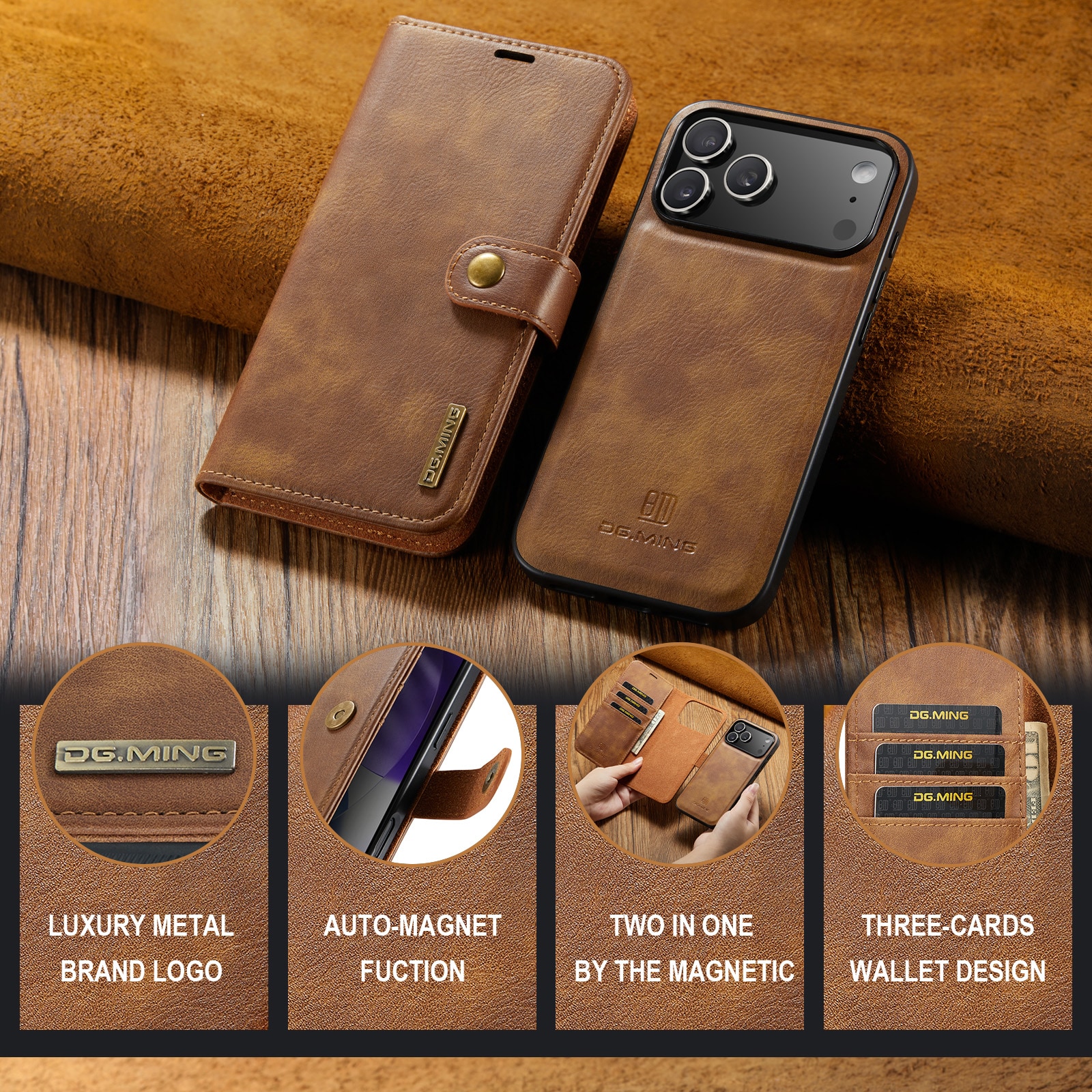 iPhone 17 Pro Pungetui med aftageligt cover, Cognac