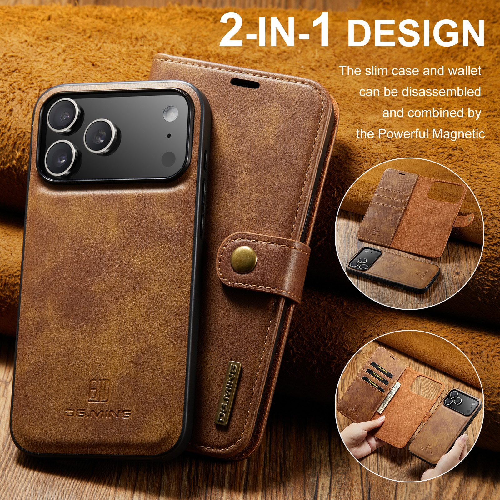 iPhone 17 Pro Pungetui med aftageligt cover, Cognac