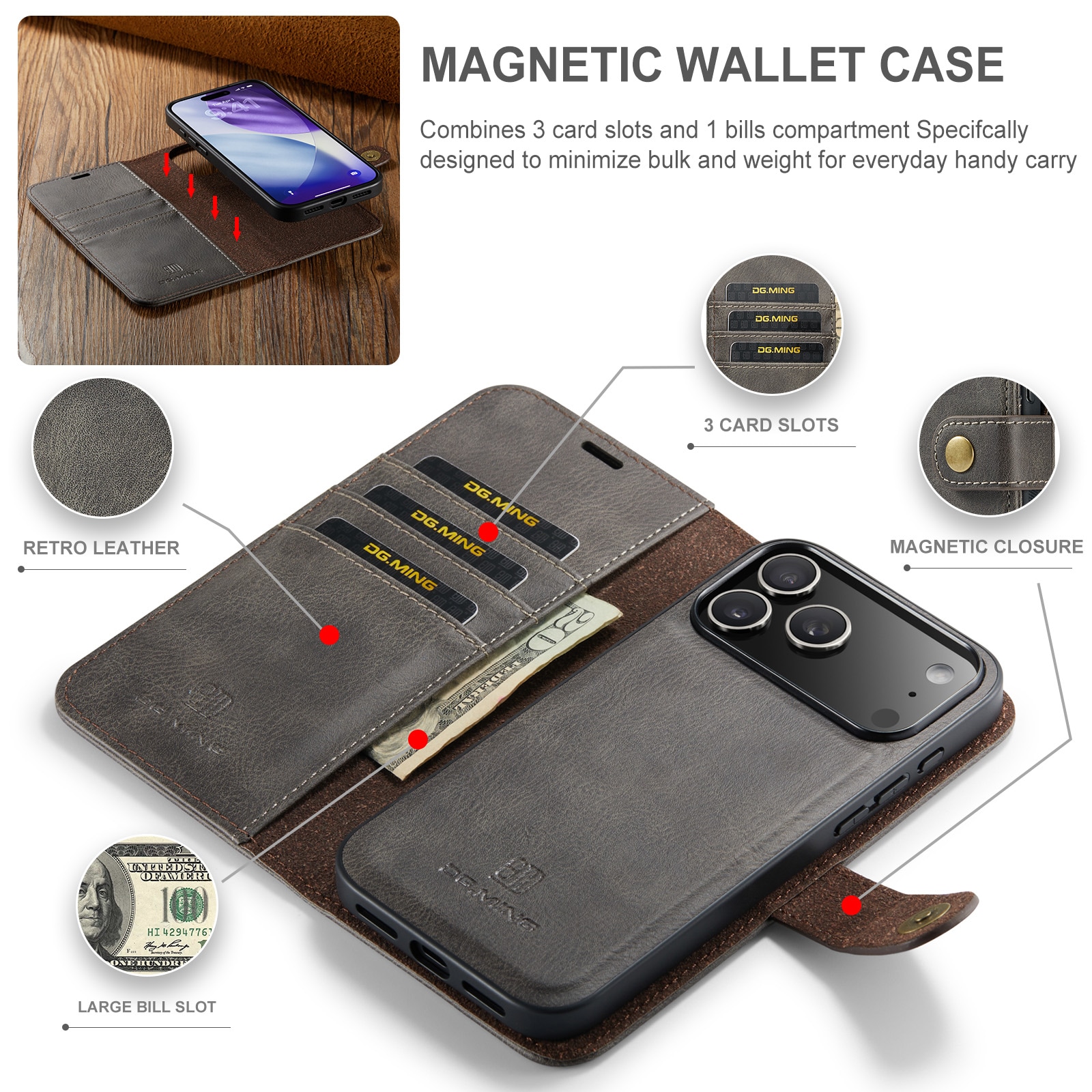 iPhone 17 Pro Pungetui med aftageligt cover, Brown