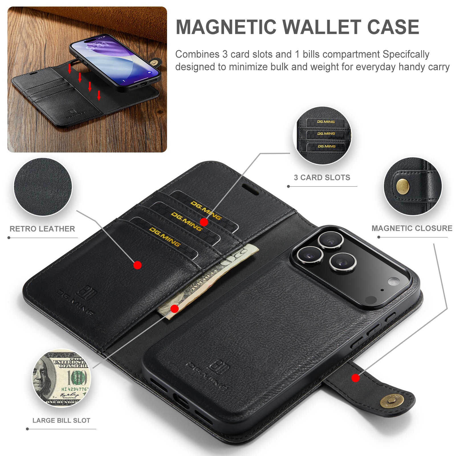 iPhone 17 Pro Max Pungetui med aftageligt cover, Black