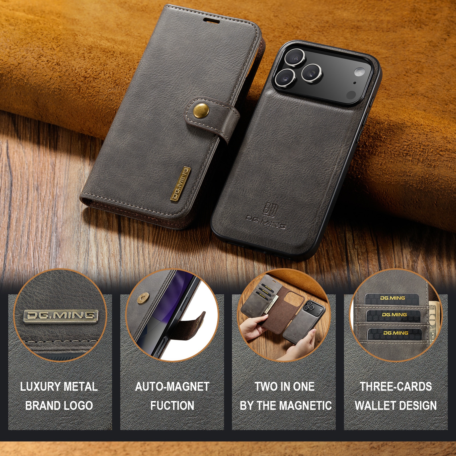 iPhone 17 Pro Max Pungetui med aftageligt cover, Brown