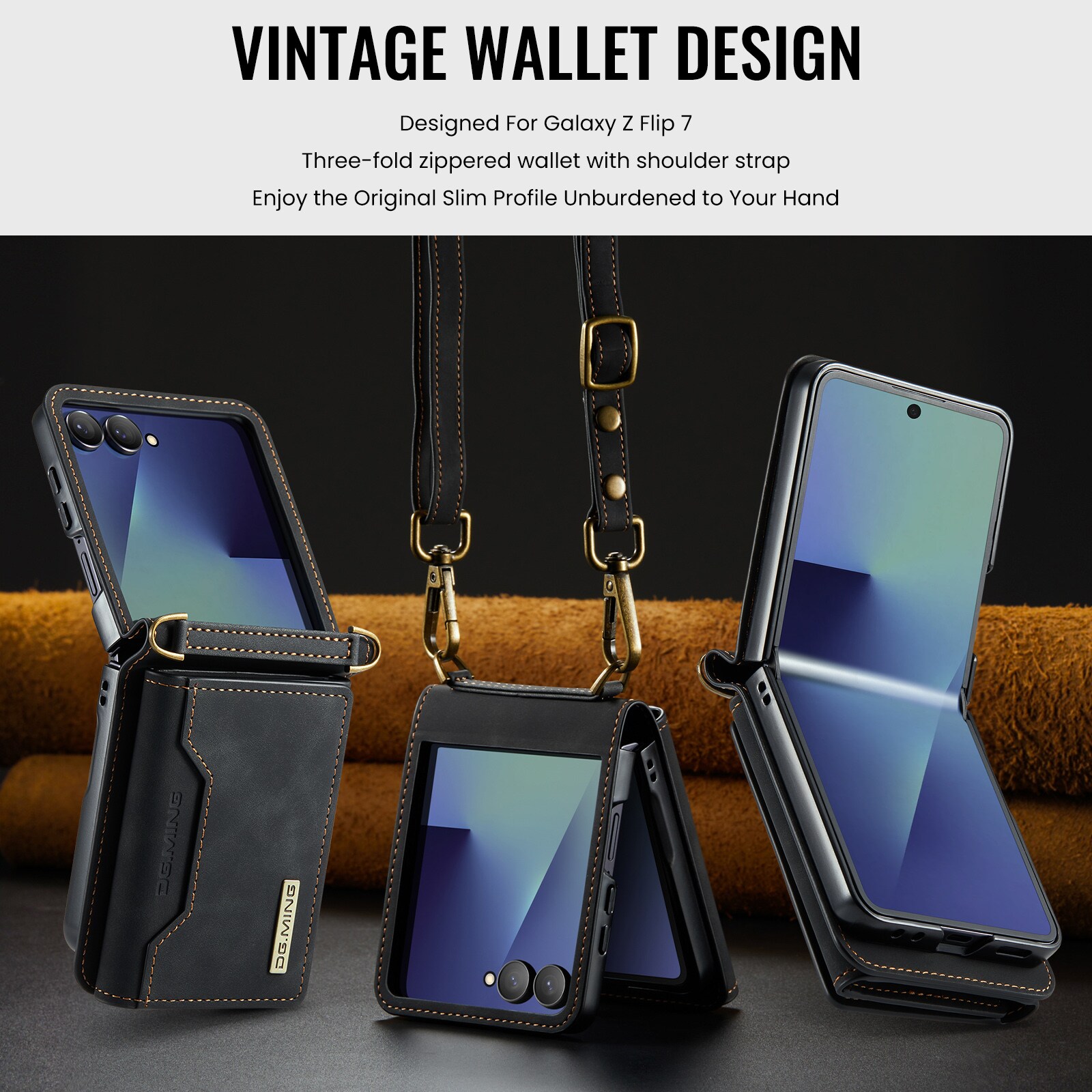 Samsung Galaxy Z Flip 7 Cover med indbygget pung, Sort