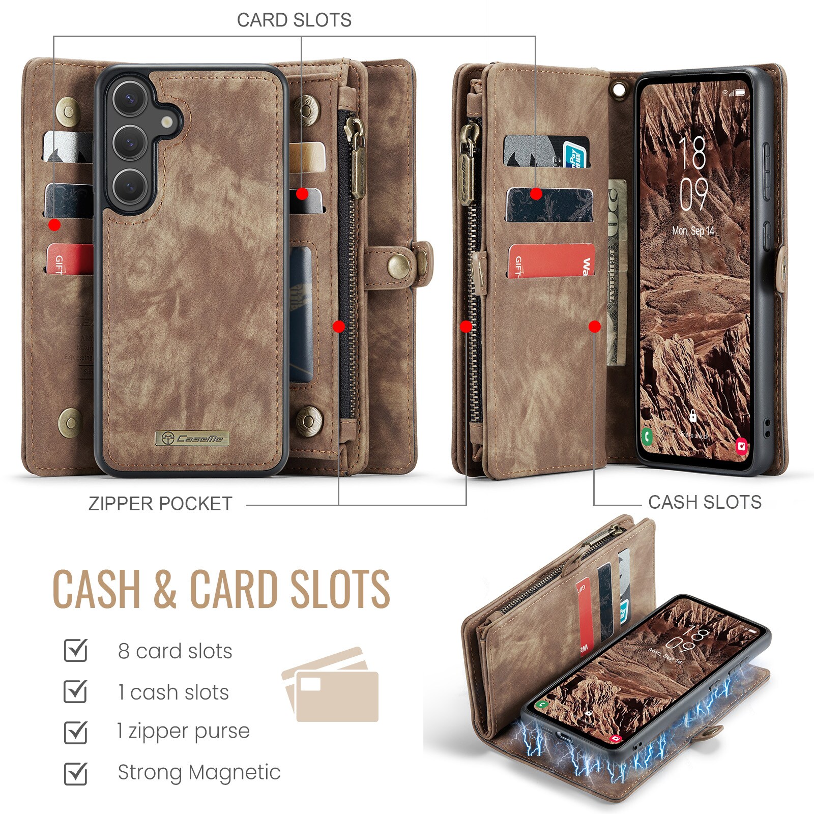 Samsung Galaxy S25 FE Rummeligt pungetui med mange kortholdere, Brun