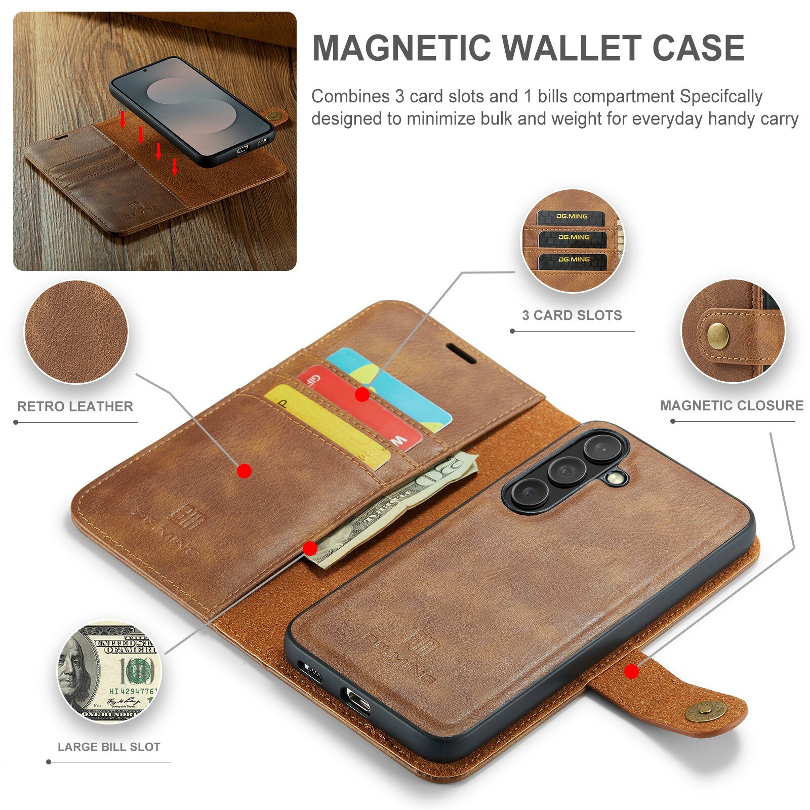 Samsung Galaxy S25 FE Pungetui med aftageligt cover, Cognac