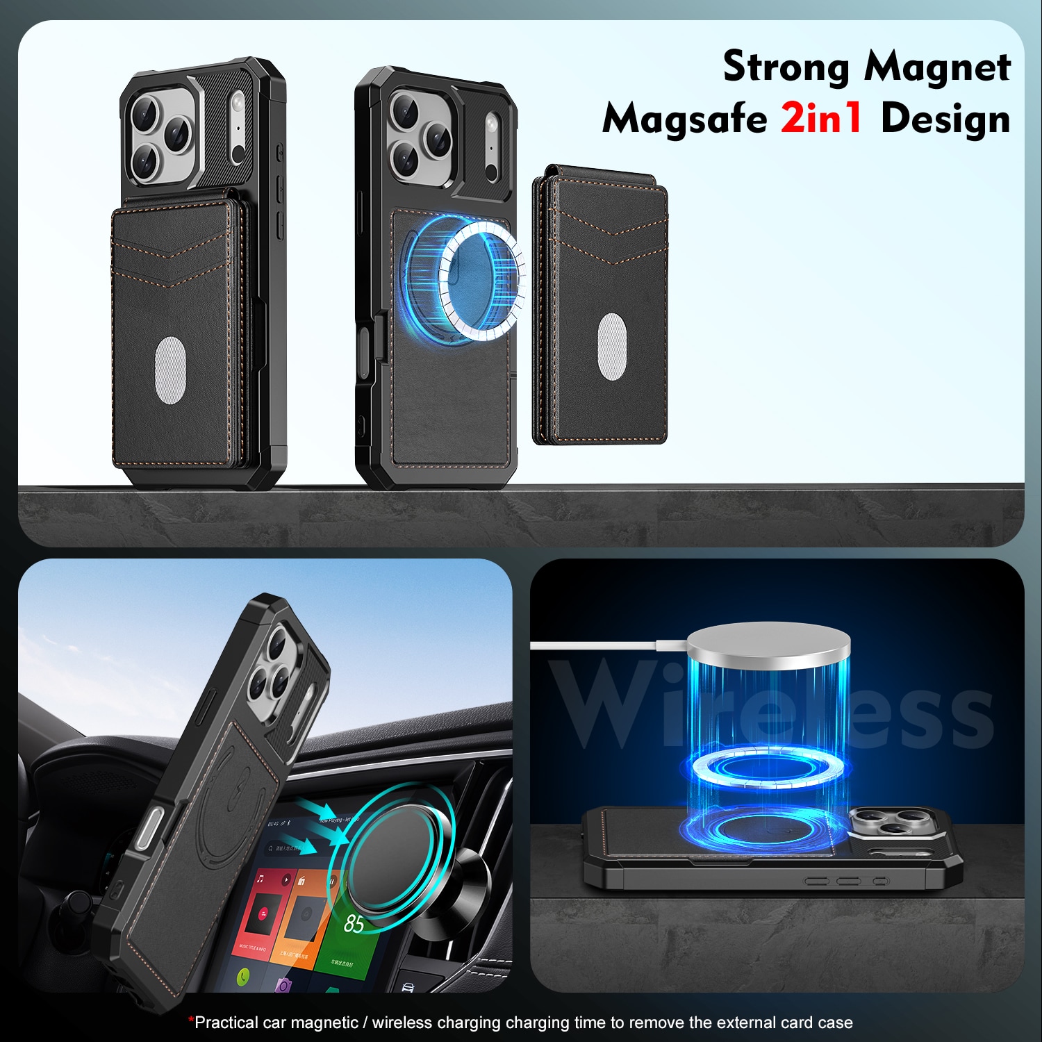iPhone 17 Pro Max Magnetisk mobilcover med aftagelig pung, Sort