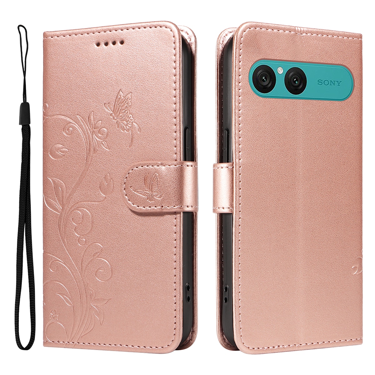 Sony Xperia 10 VII Mobiletui med sommerfugle, Rose guld