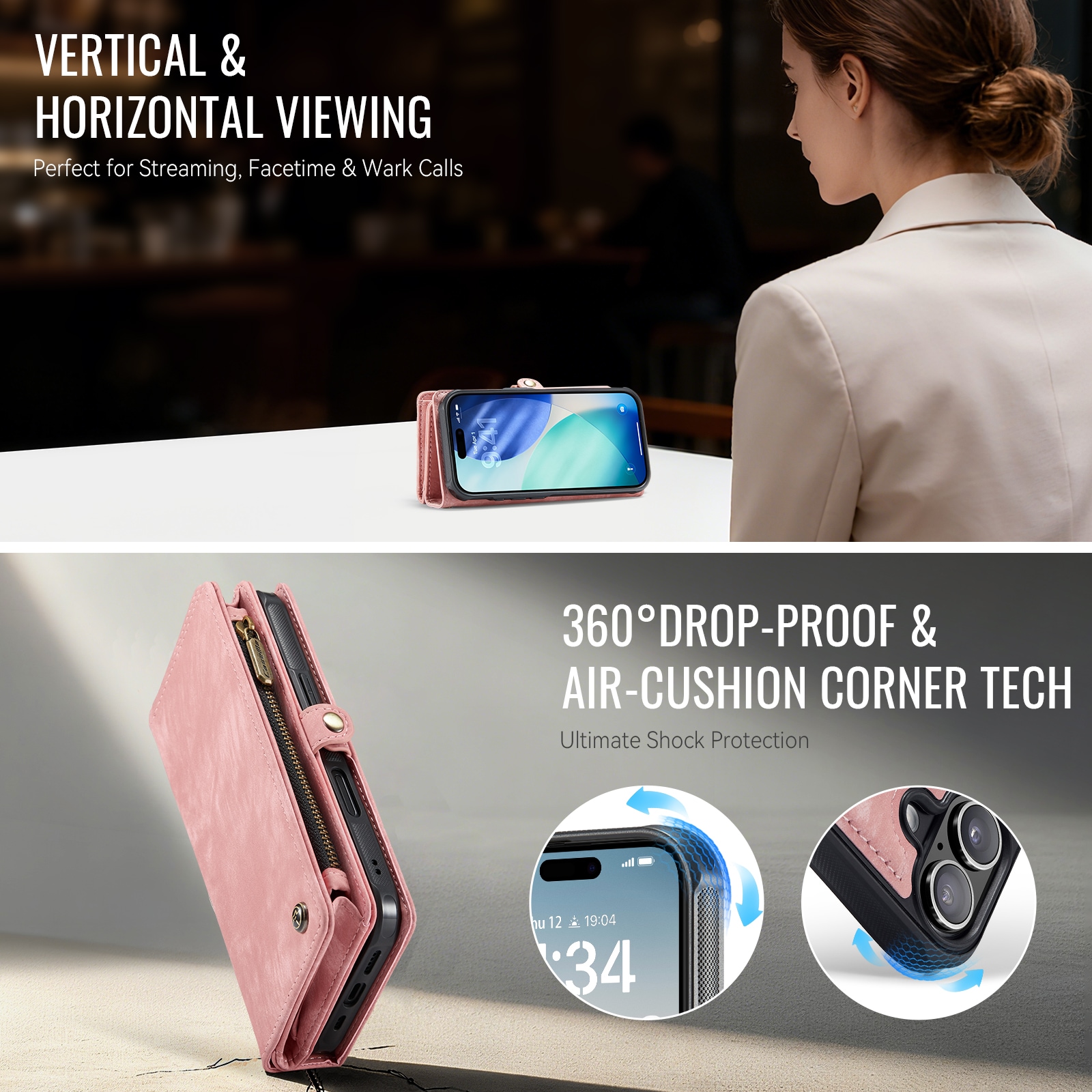 iPhone 17 Rummeligt pungetui med mange kortholdere, Lyserød