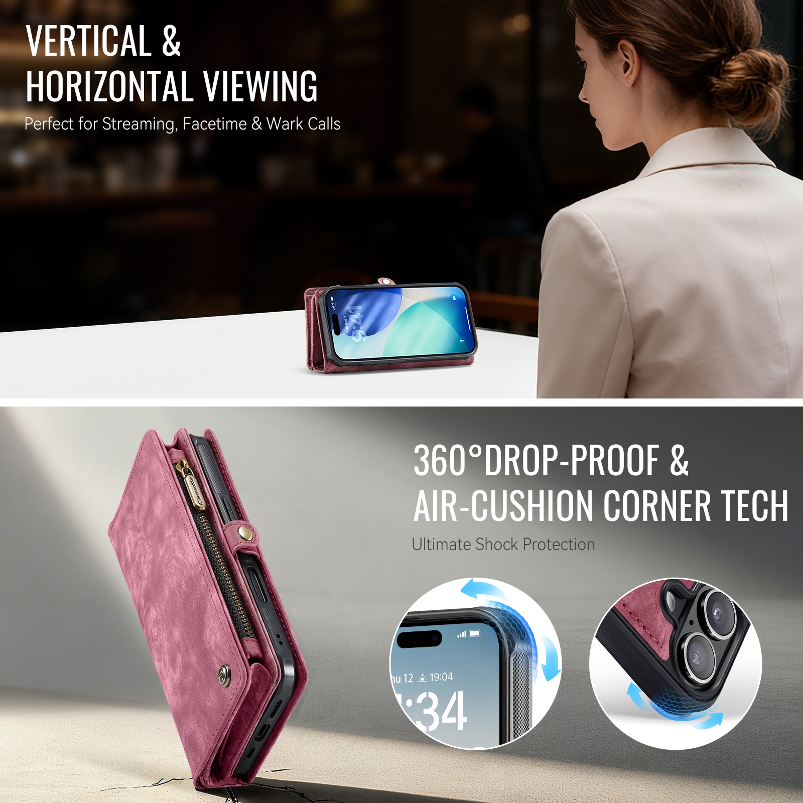 iPhone 17 Rummeligt pungetui med mange kortholdere, Rød