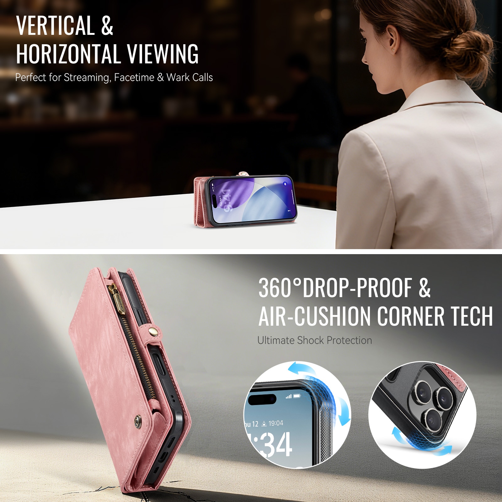 iPhone 17 Pro Max Rummeligt pungetui med mange kortholdere, Lyserød