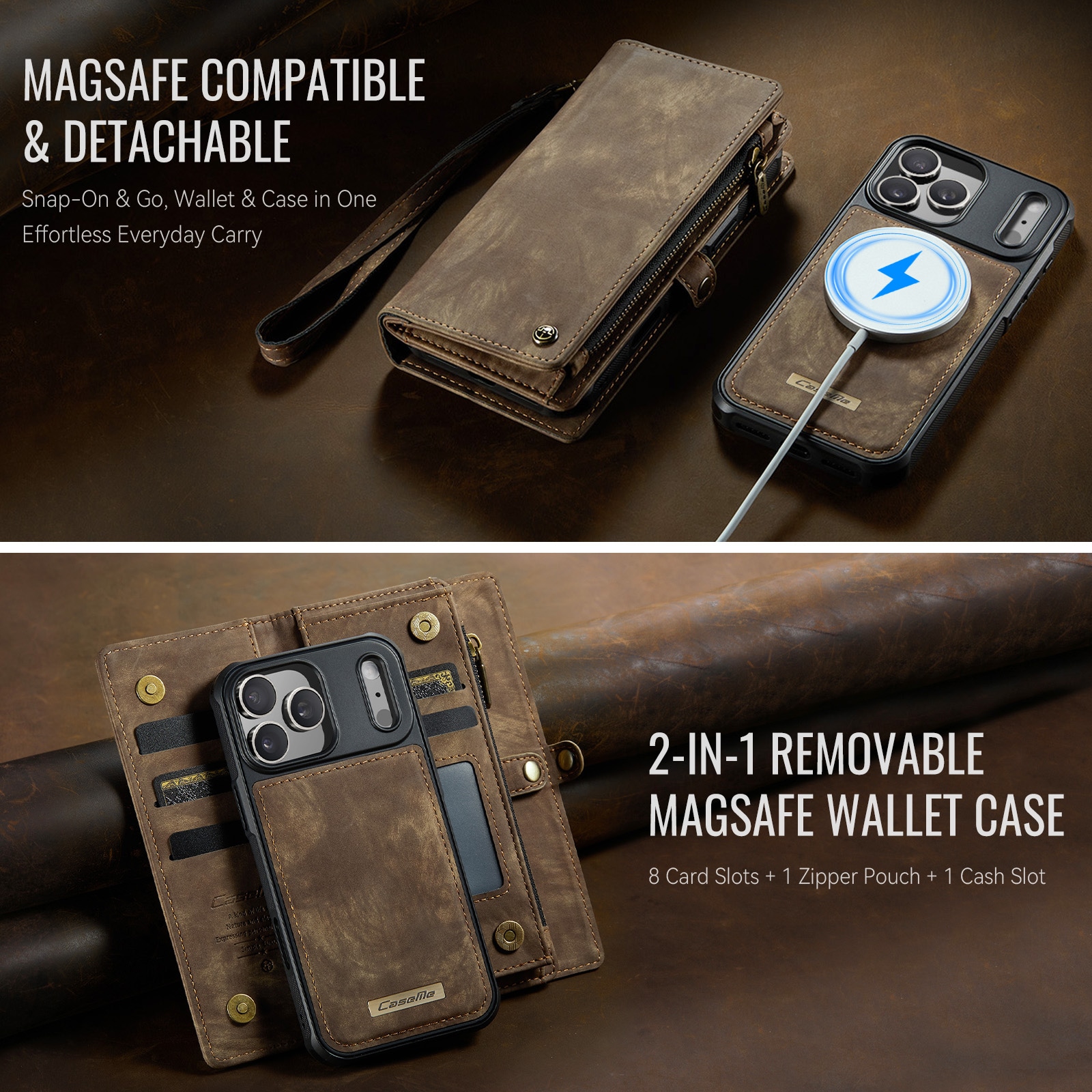 iPhone 17 Pro Max Rummeligt pungetui med mange kortholdere, Brun