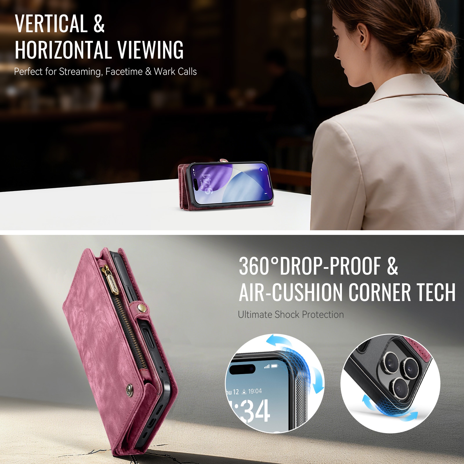 iPhone 17 Pro Rummeligt pungetui med mange kortholdere, Rød