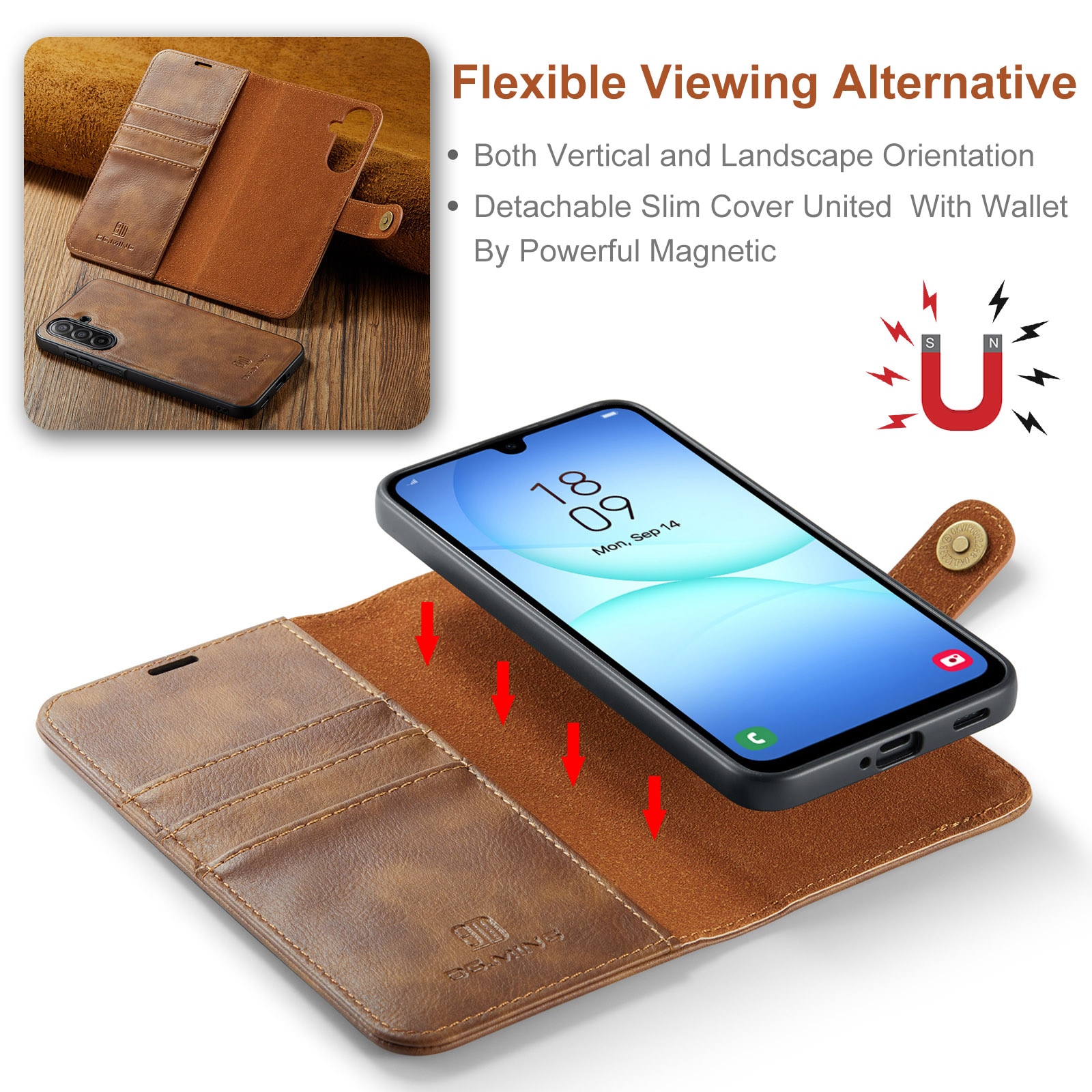 Samsung Galaxy A17 Pungetui med aftageligt cover, Cognac