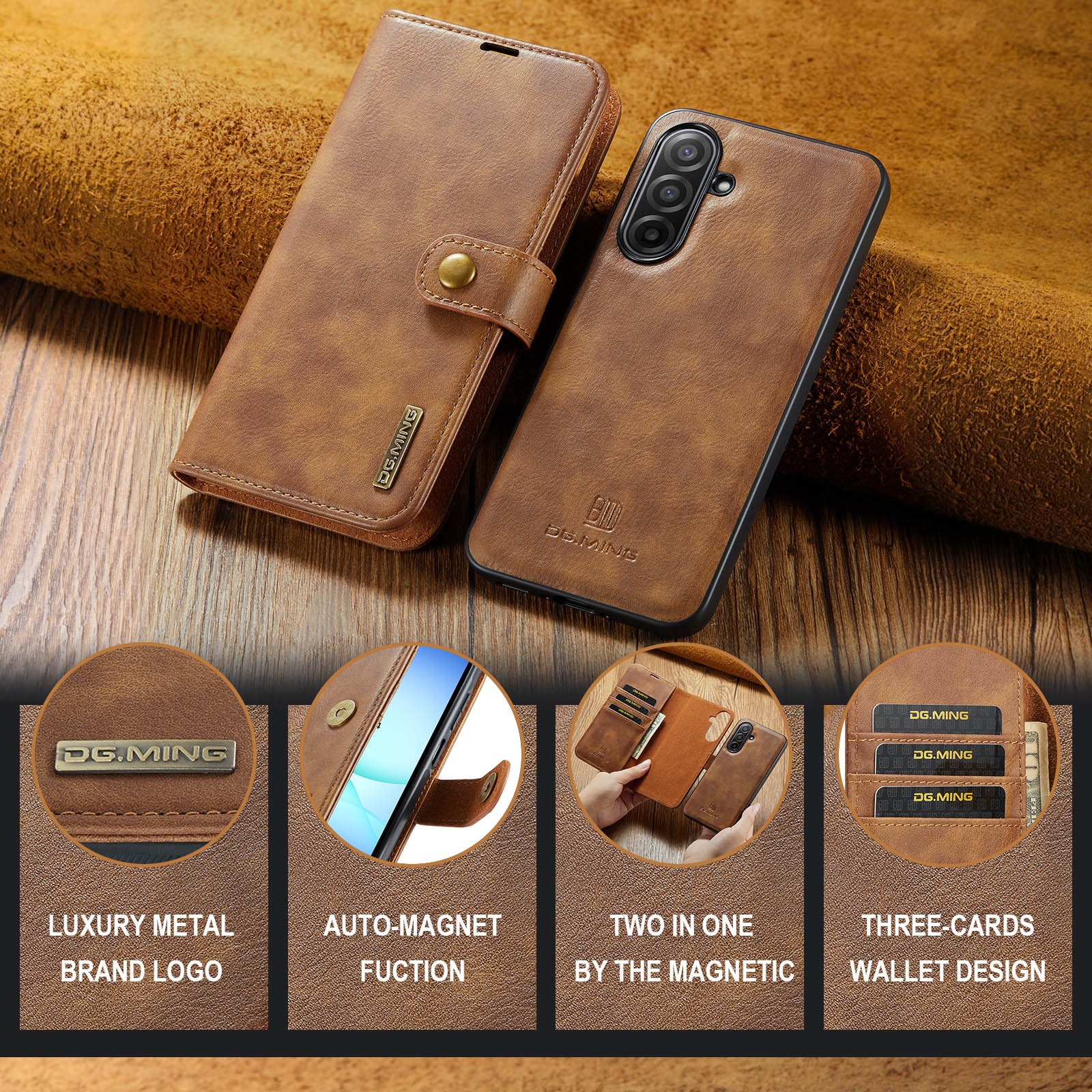 Samsung Galaxy A17 Pungetui med aftageligt cover, Cognac