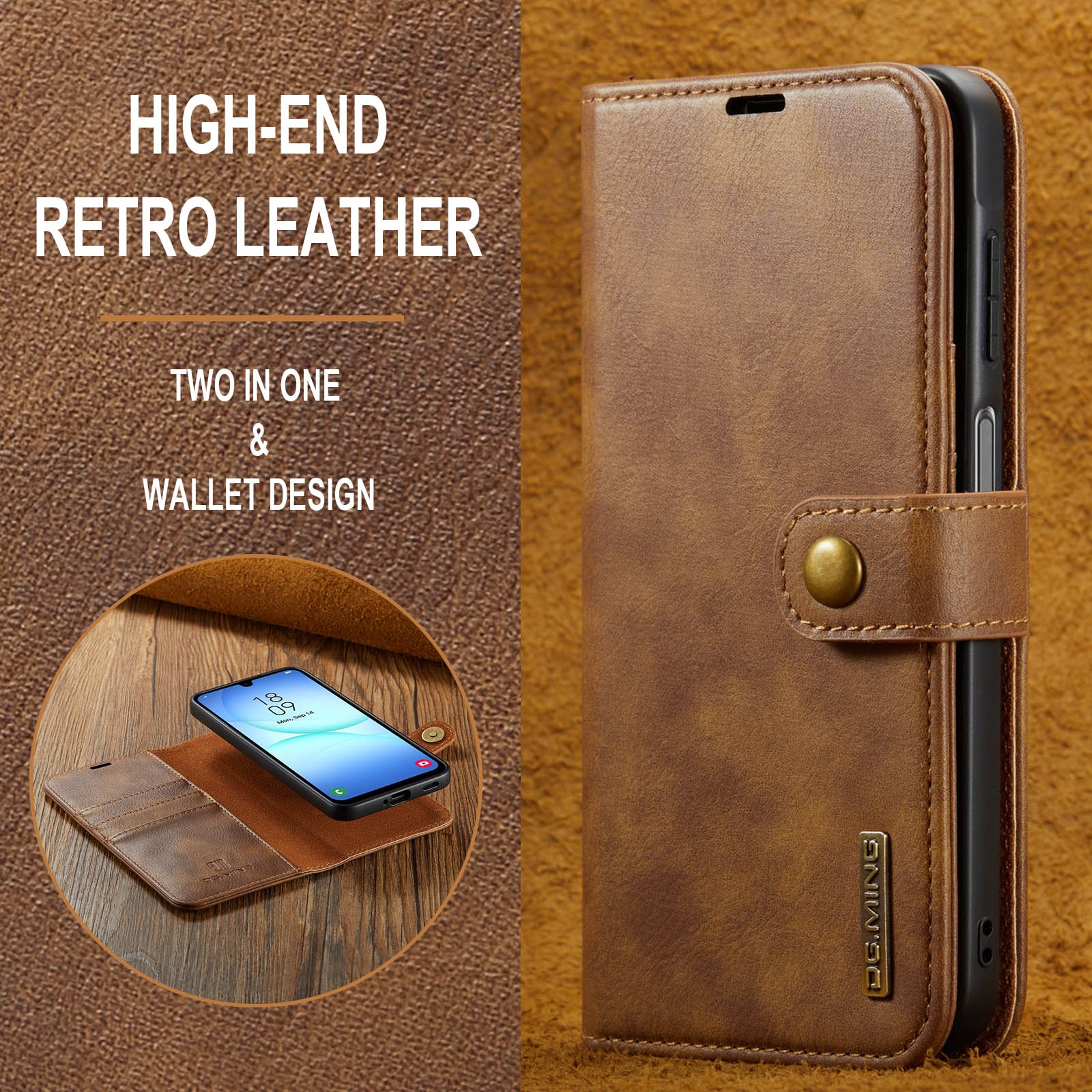 Samsung Galaxy A17 Pungetui med aftageligt cover, Cognac