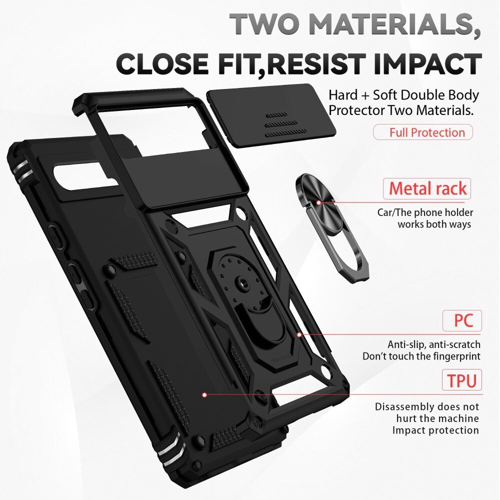 Google Pixel 6a Cover med kamerabeskyttelse & fingerring, Sort