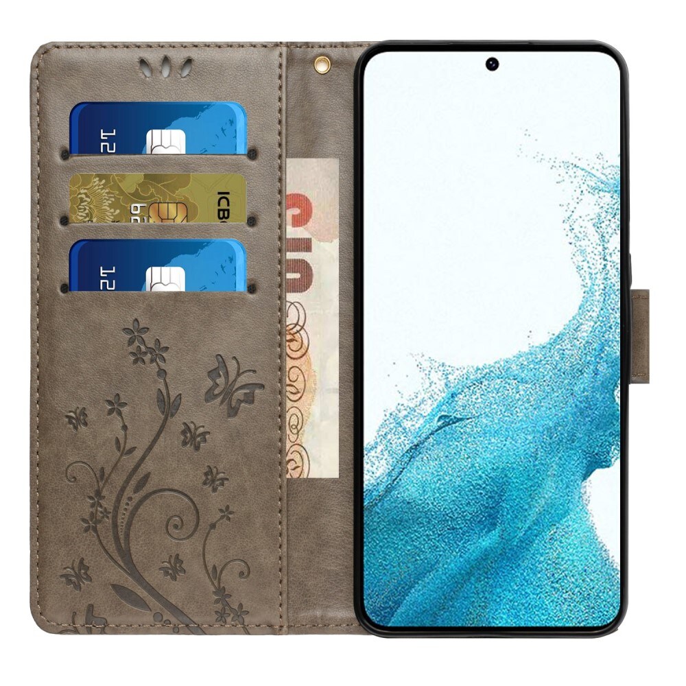 Samsung Galaxy S23 Mobiletui med sommerfugle, Grå