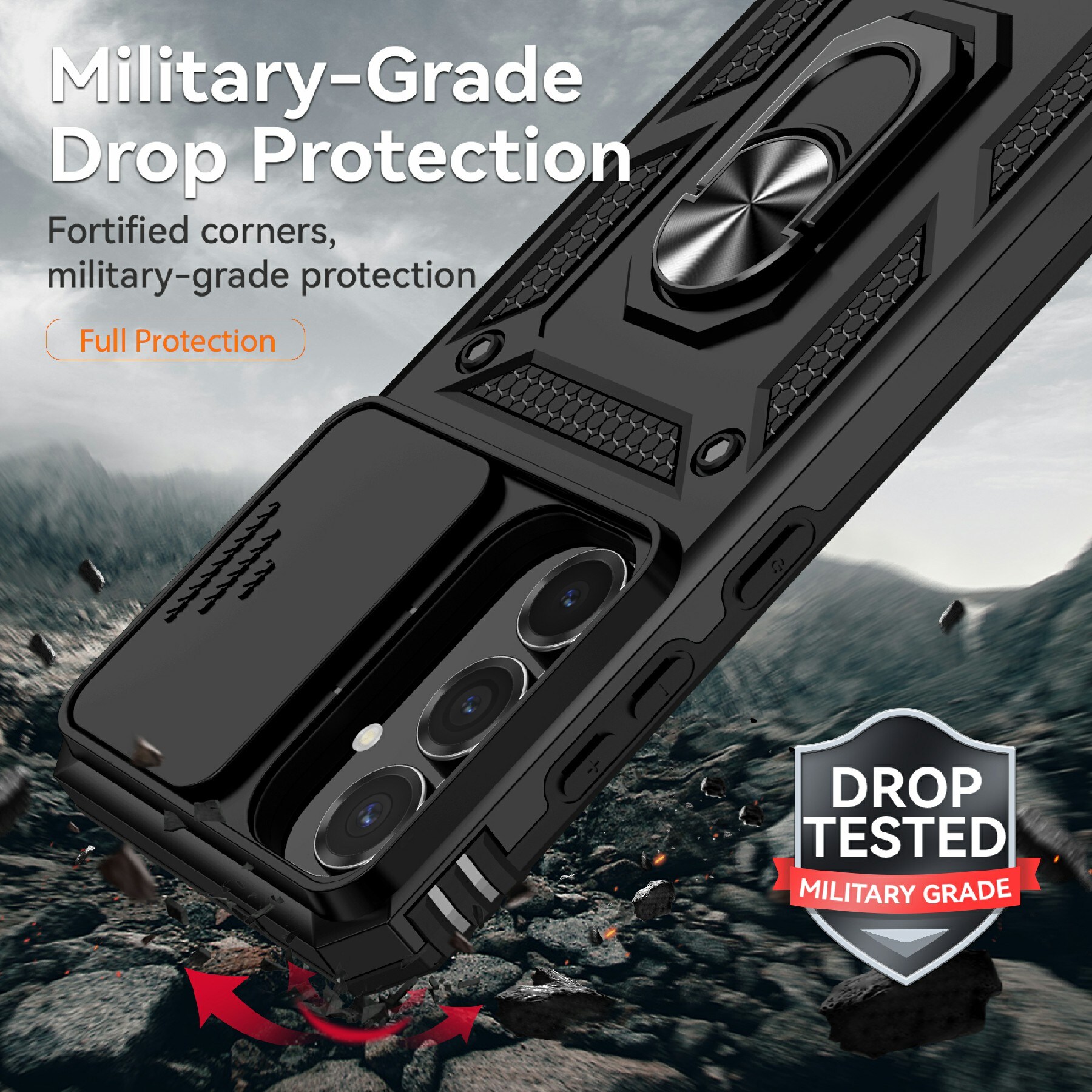 Samsung Galaxy S25 FE Cover med kamerabeskyttelse & fingerring, Sort