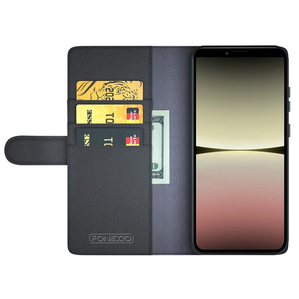 Sony Xperia 10 V Slankt mobiletui i ægte læder, Sort