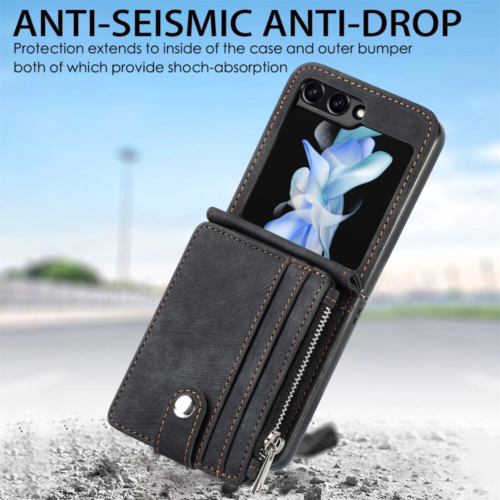 Samsung Galaxy Z Flip 5 Pung-etui med kortholdere og lynlås Sort