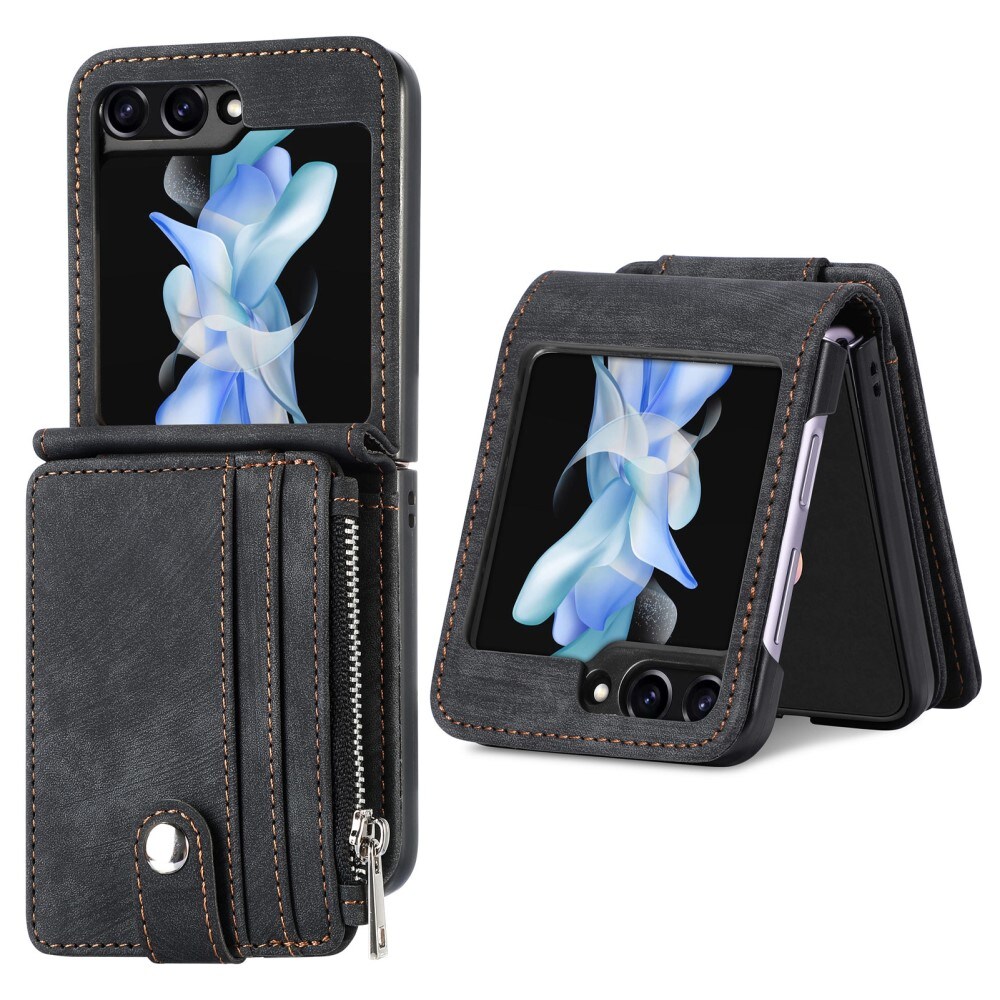 Samsung Galaxy Z Flip 5 Pung-etui med kortholdere og lynlås Sort