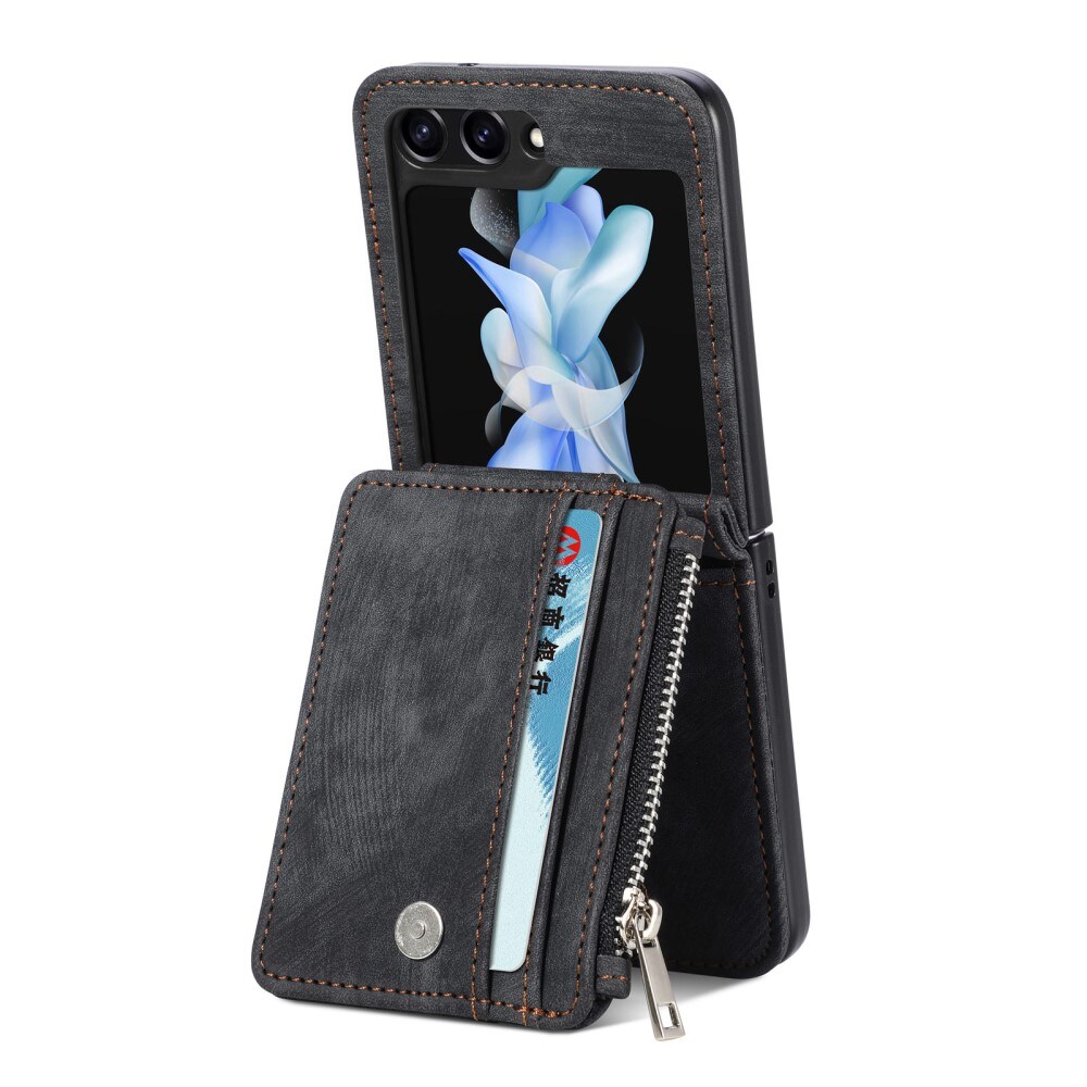 Samsung Galaxy Z Flip 5 Pung-etui med kortholdere og lynlås Sort
