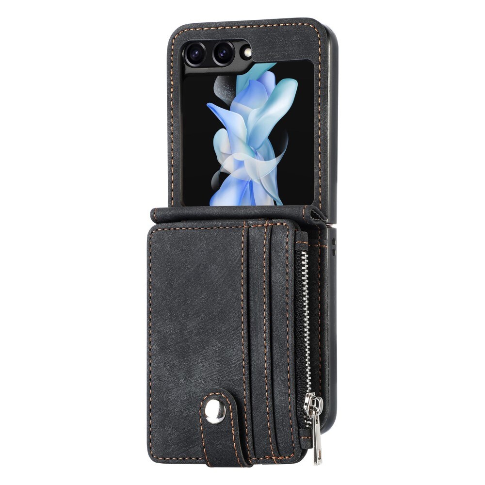 Samsung Galaxy Z Flip 5 Pung-etui med kortholdere og lynlås Sort