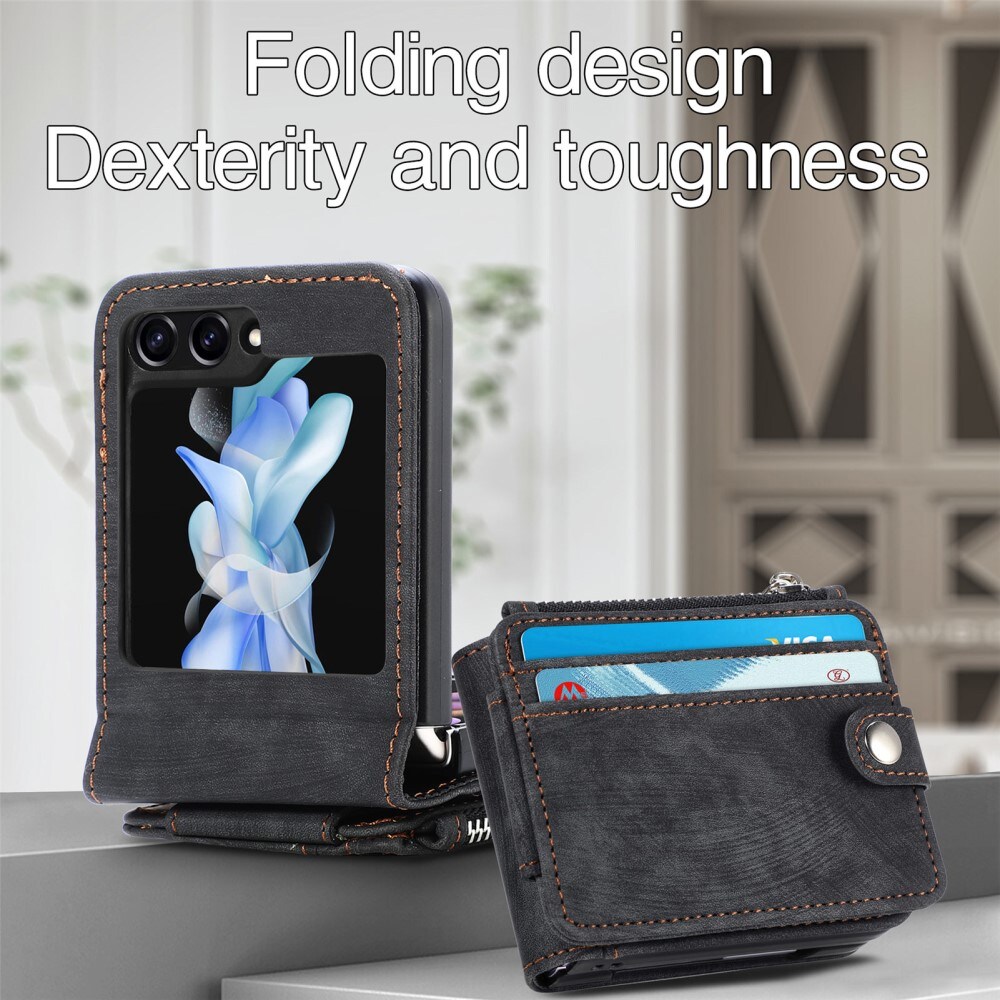 Samsung Galaxy Z Flip 5 Pung-etui med kortholdere og lynlås Sort