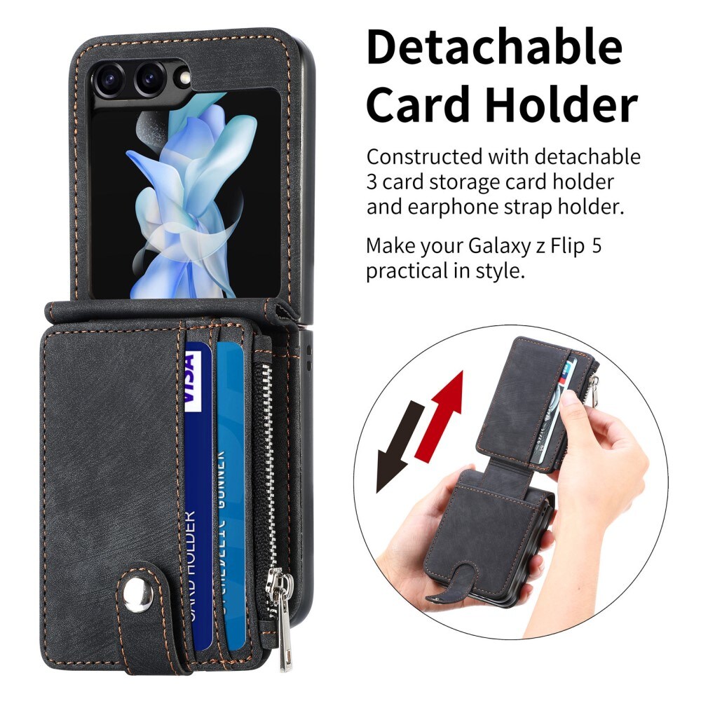 Samsung Galaxy Z Flip 5 Pung-etui med kortholdere og lynlås Sort